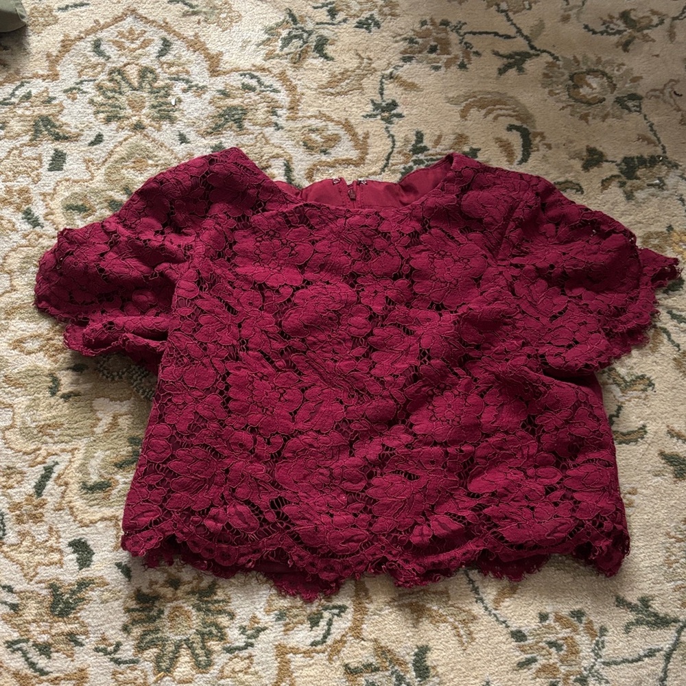💕For her and him Burgundy Lace crop Top short sleeve midriff lace appliqué